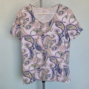 Talbots Women’s V-Neck Paisley Tee Shirt - Blue Pink Yellow Print - Size M
